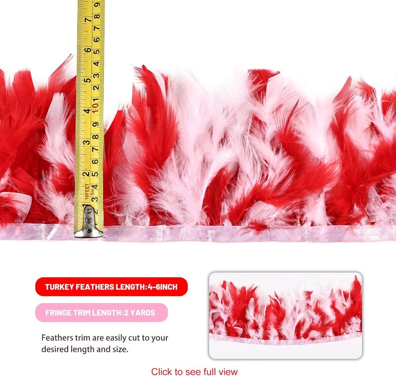MAOFENG 2 Yards Natural Turkey Feathers Trim Sewing Fringe Fashion Dress Sewing 4-6inch for DIY Handicrafts Costumes Decoration,Red+White - Image 2